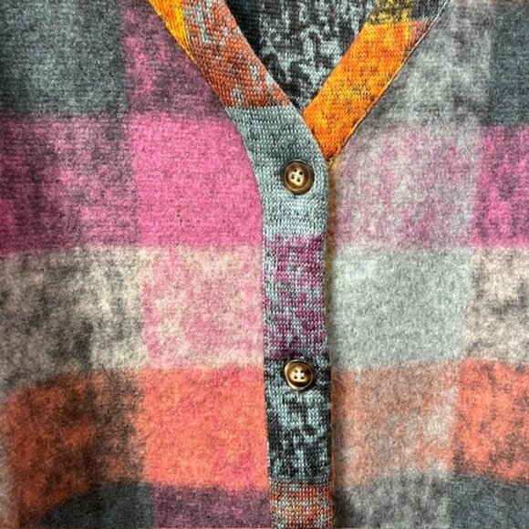 Colorful Plaid Button Front Cardigan Size XXL V-Neck Exposed Seams Casual - Picture 6 of 16